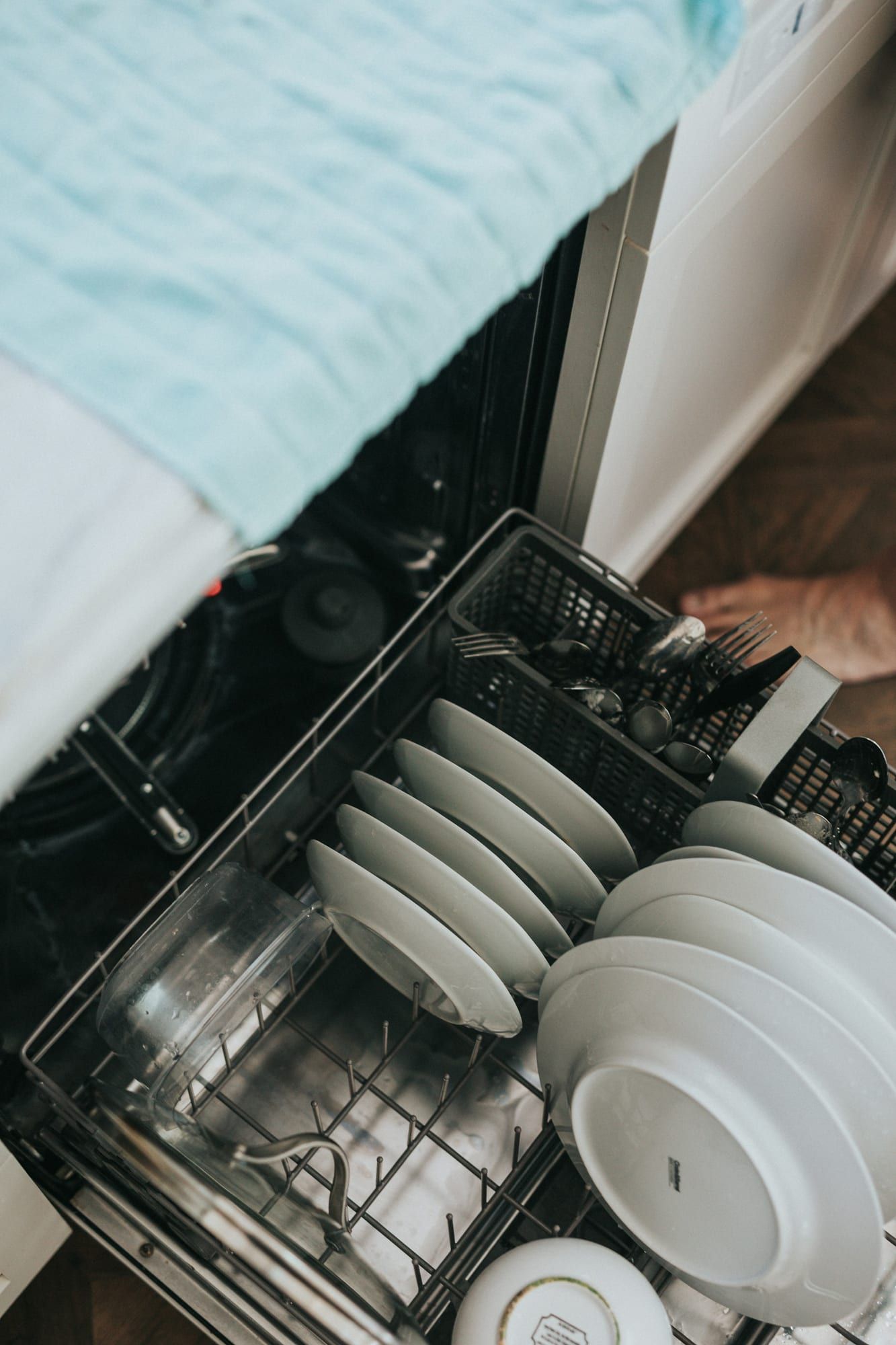 Open dishwasher with plates in the lower rack